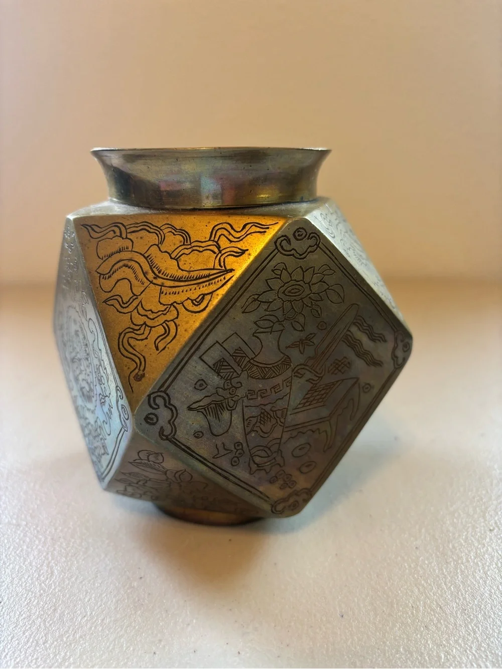 Antique 1940s Brass Hexagonal Decorative Vase - Brass Finish